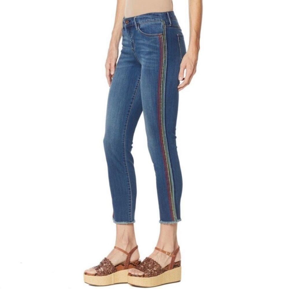 Jessica Simpson Rainbow Stripe Embroidered Arrow Straight Claim to Fame Jeans